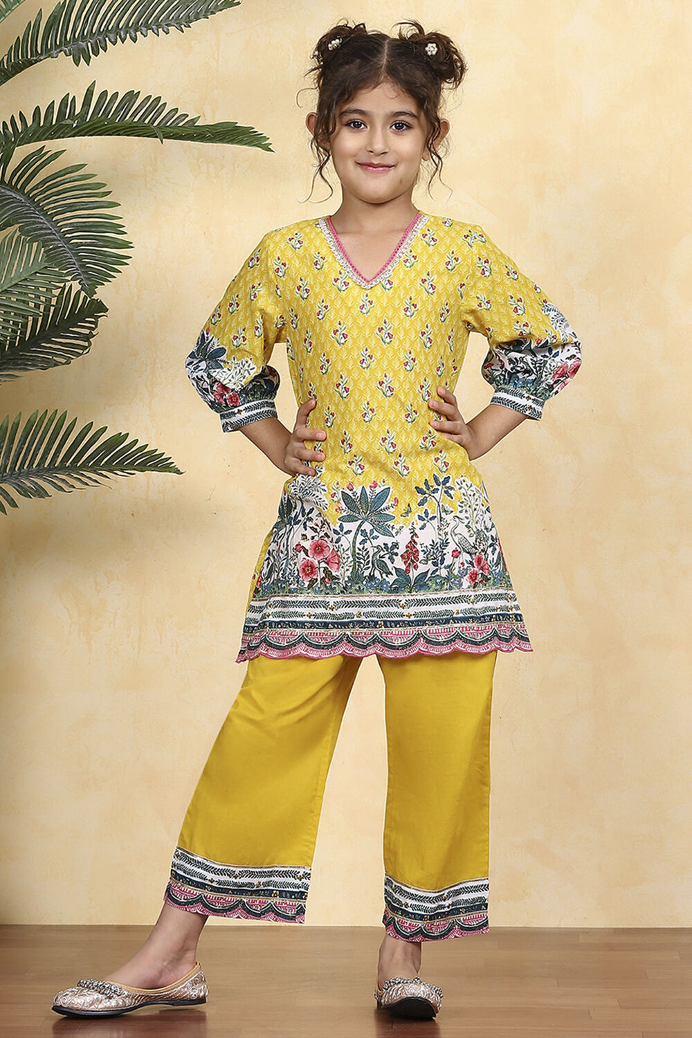 Yellow Cotton Printed A-Line Kurta Pants Set image number 6