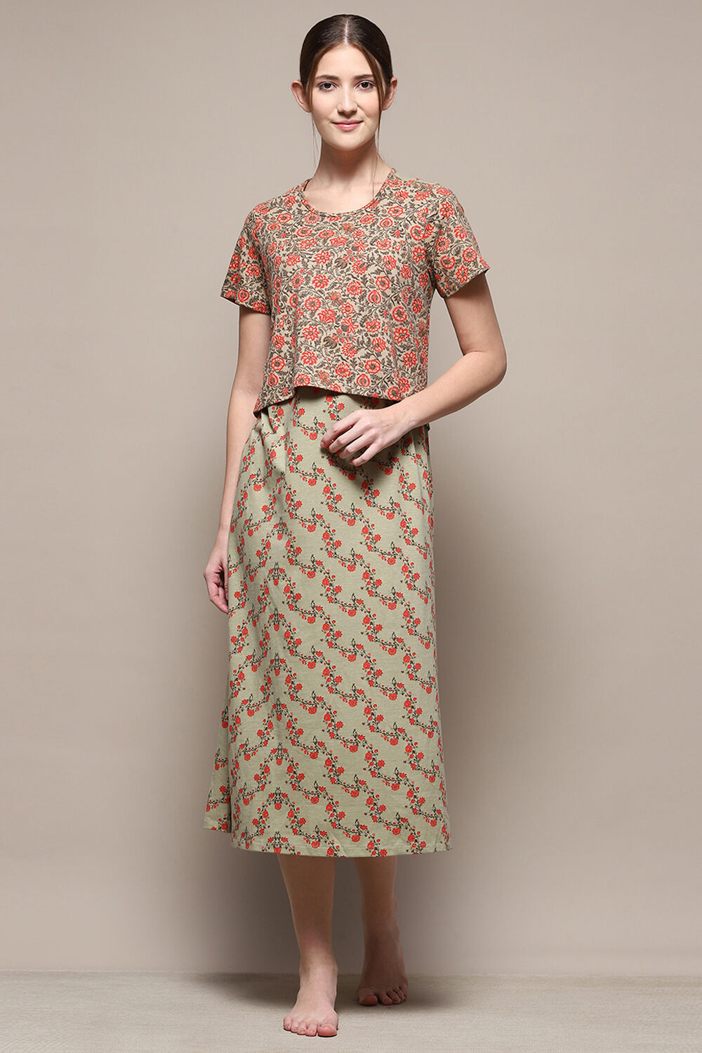 Sage Green Cotton Blend Printed Nightdress image number 5