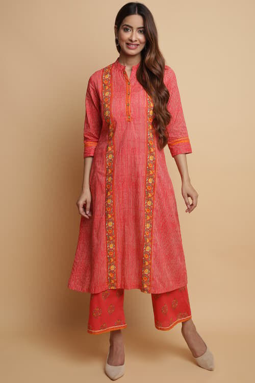 Teal Cotton A-Line Kurta Palazzo Suit Set image number 0
