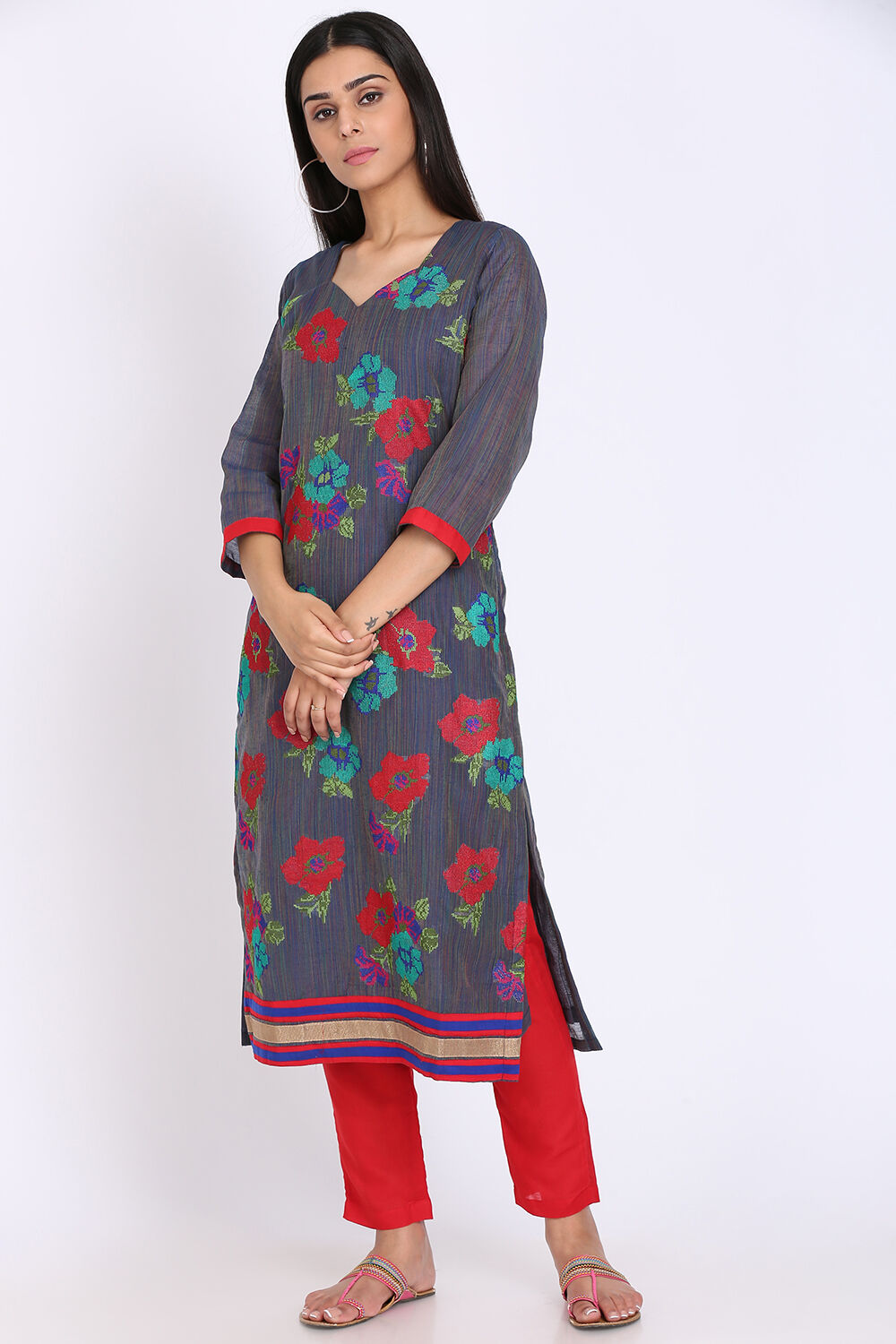 Yellow Chanderi Hand Embroidered Unstitched Suit Set image number 3