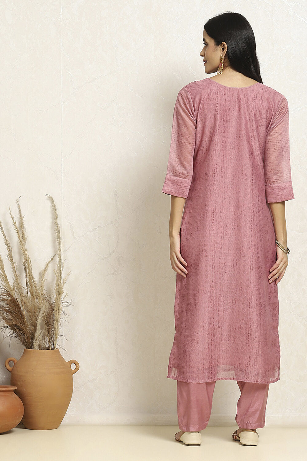 Pink Chanderi Hand Embroidered Unstitched Suit Set image number 5