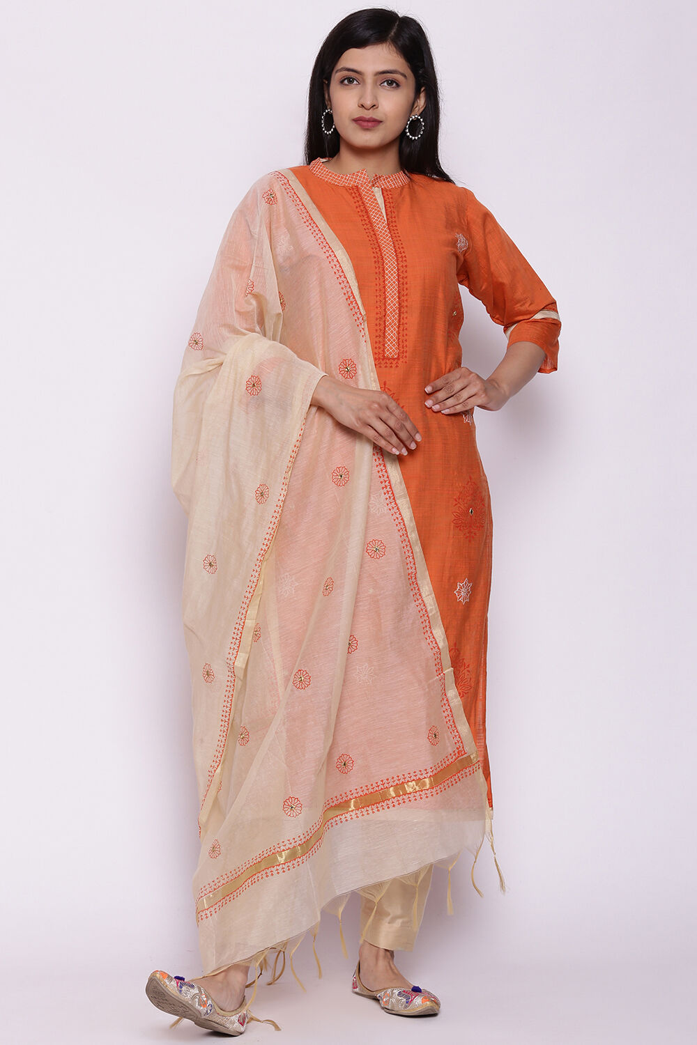 Off White Silk Blend Hand Embroidered Unstitched Suit Set image number 0