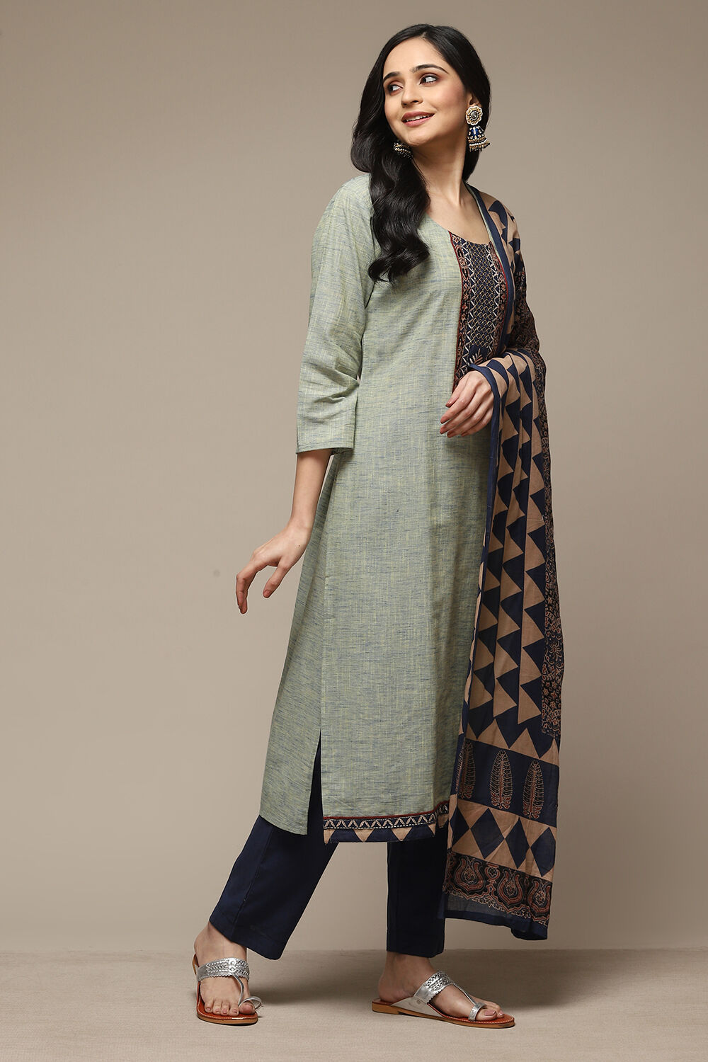 Green Cotton Hand Block Print Unstitched Suit Set image number 3