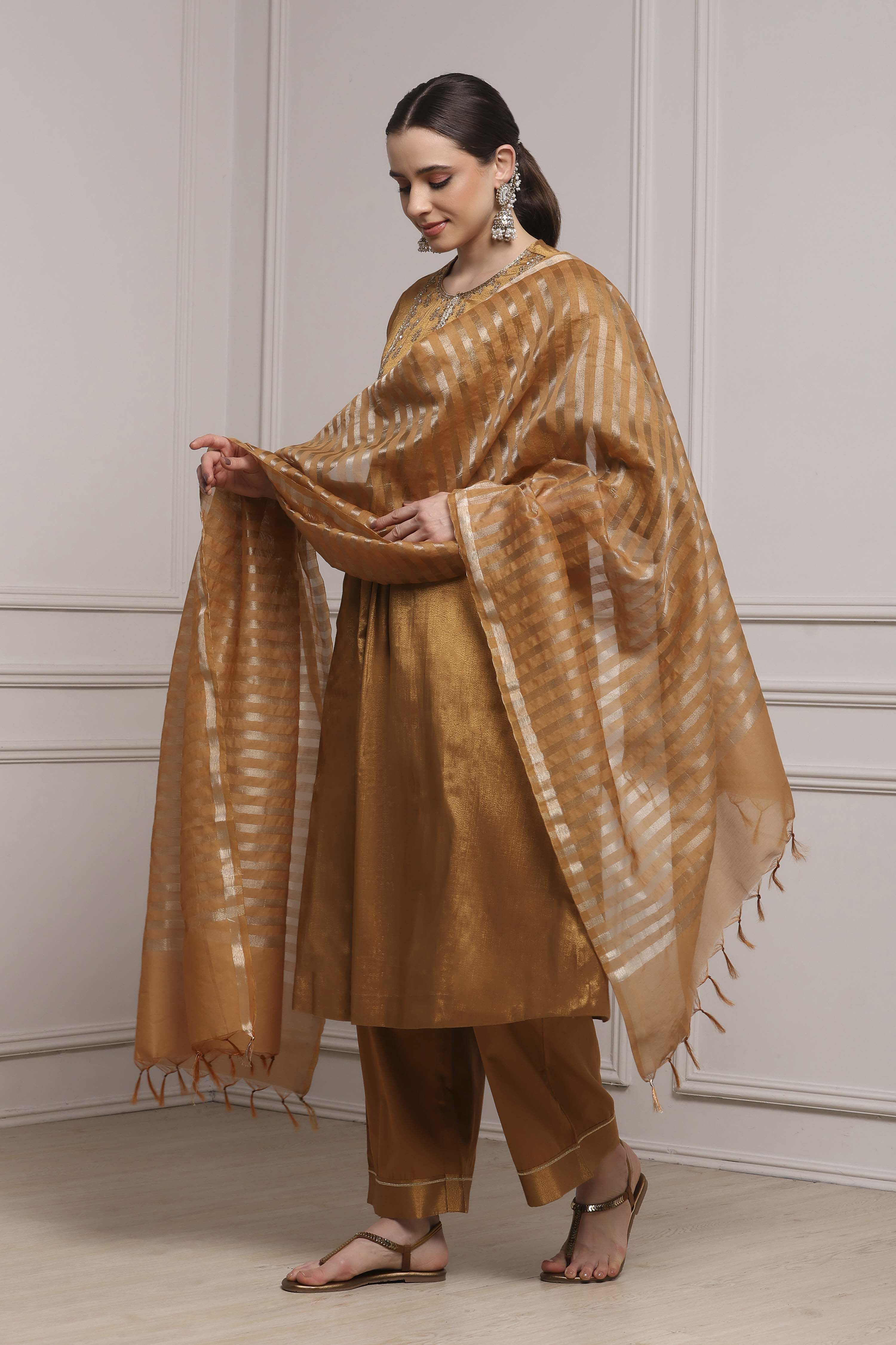 Copper Gold Cotton Tissue Embroidered Gathered Suit Set image number 3