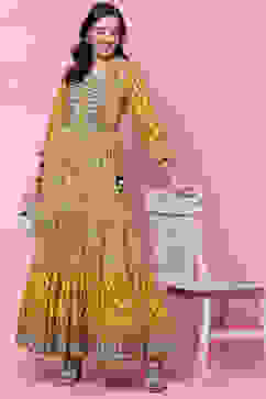 Mustard Cotton Flared Fusion Printed Dress image number 5