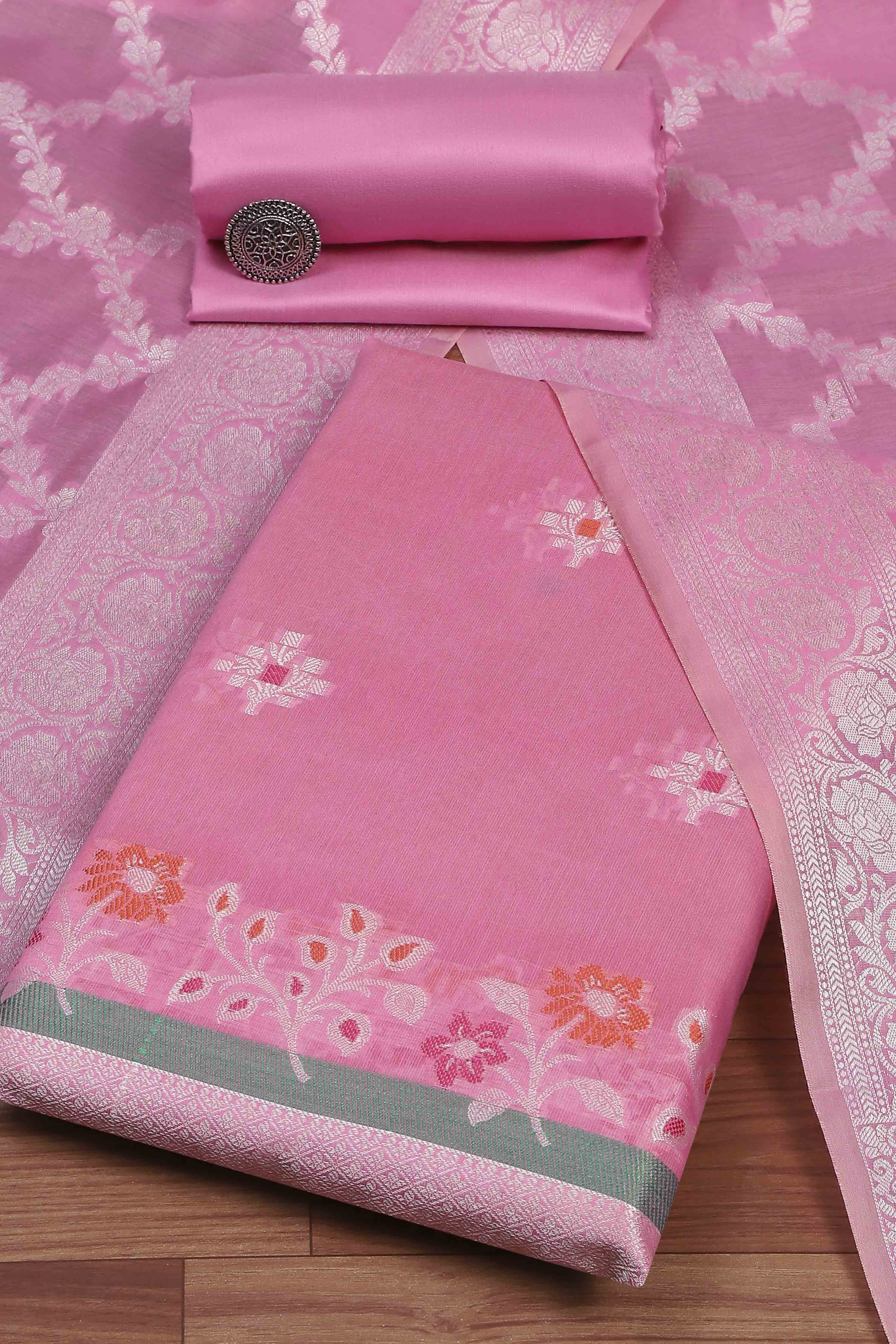 Pink Cotton Printed Embroidered Unstitched Suit Set image number 0