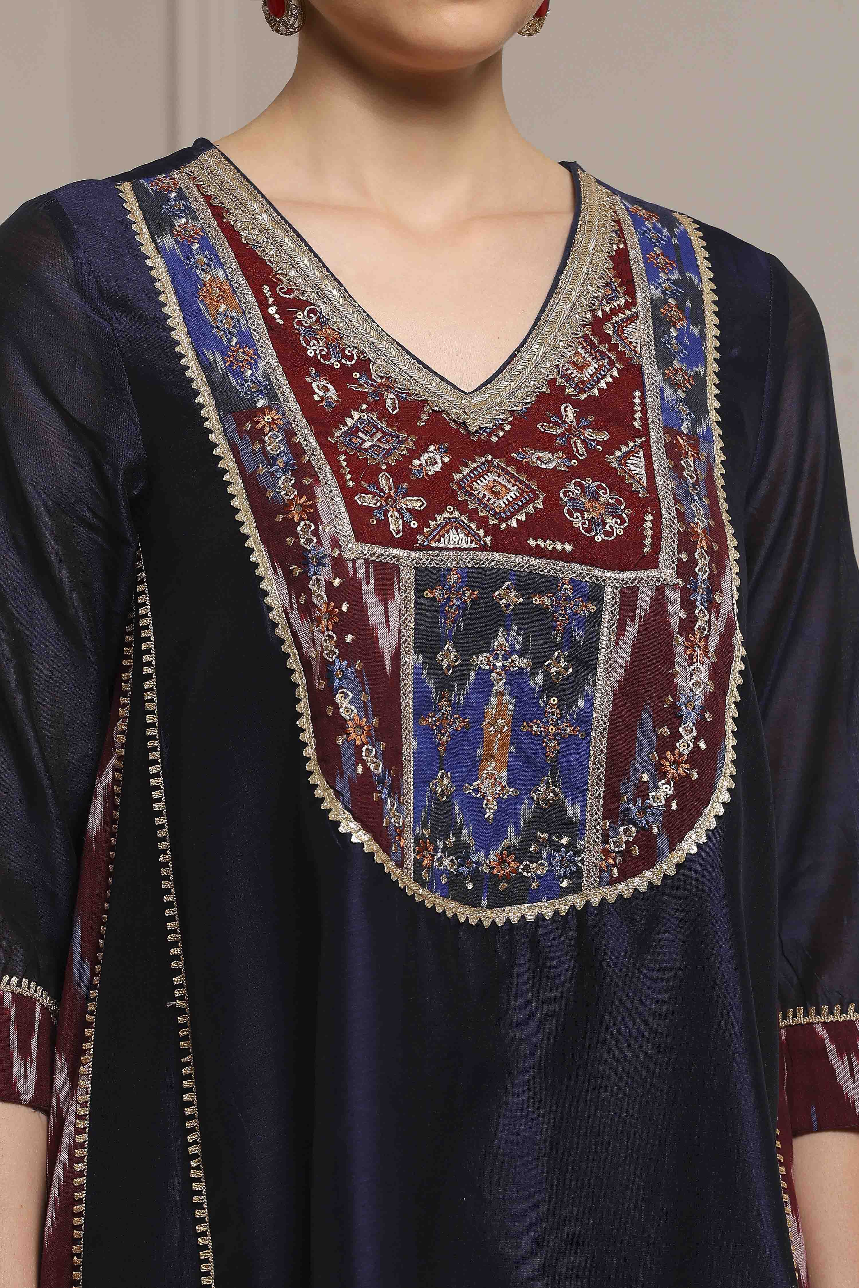 Blue Silk Chanderi Printed Embroidered A-Line Kurta Set image number 1