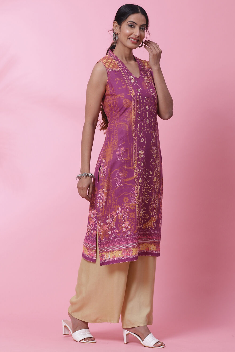 Purple Cotton Straight Printed Kurta image number 3