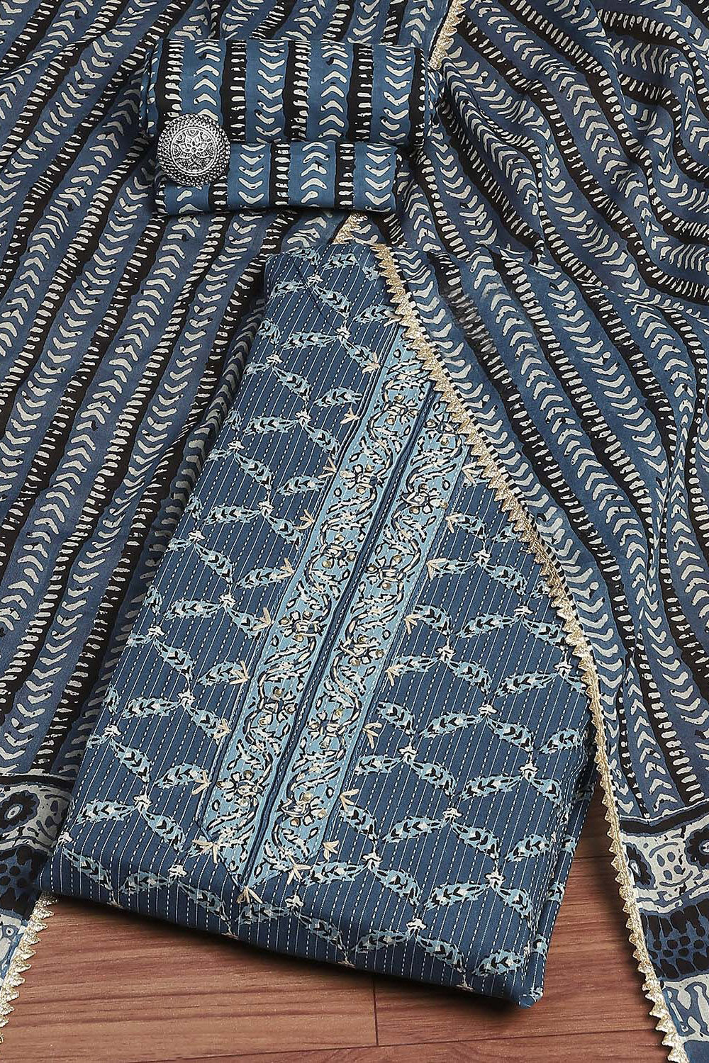 Blue Cotton Printed Unstitched Suit Set image number 0