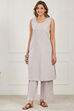 Grey & Purple Cotton 3-Piece Kurta Set With Ikkat Jacket image number 6