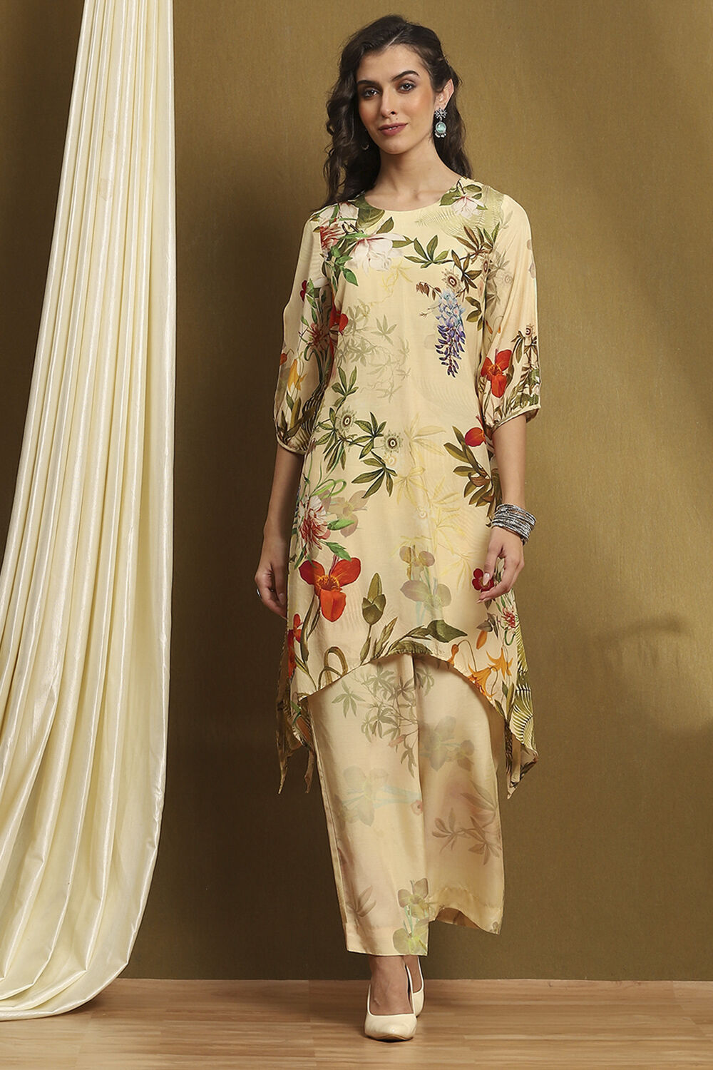 Ecru Modal Floral Printed Asymmetric Kurta Set image number 0
