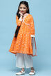 Orange Cotton Printed Flared Kurta White Palazzo & Dupatta image number 4