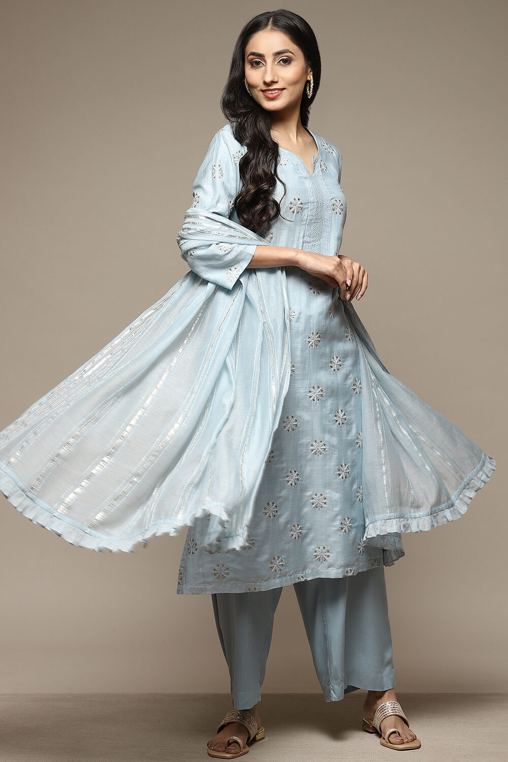 Powder Pink Cotton Blend Straight Kurta Palazzo Suit Set image number 6