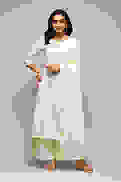 Off White Cotton Straight Printed Kurta Capri Suit Set image number 7