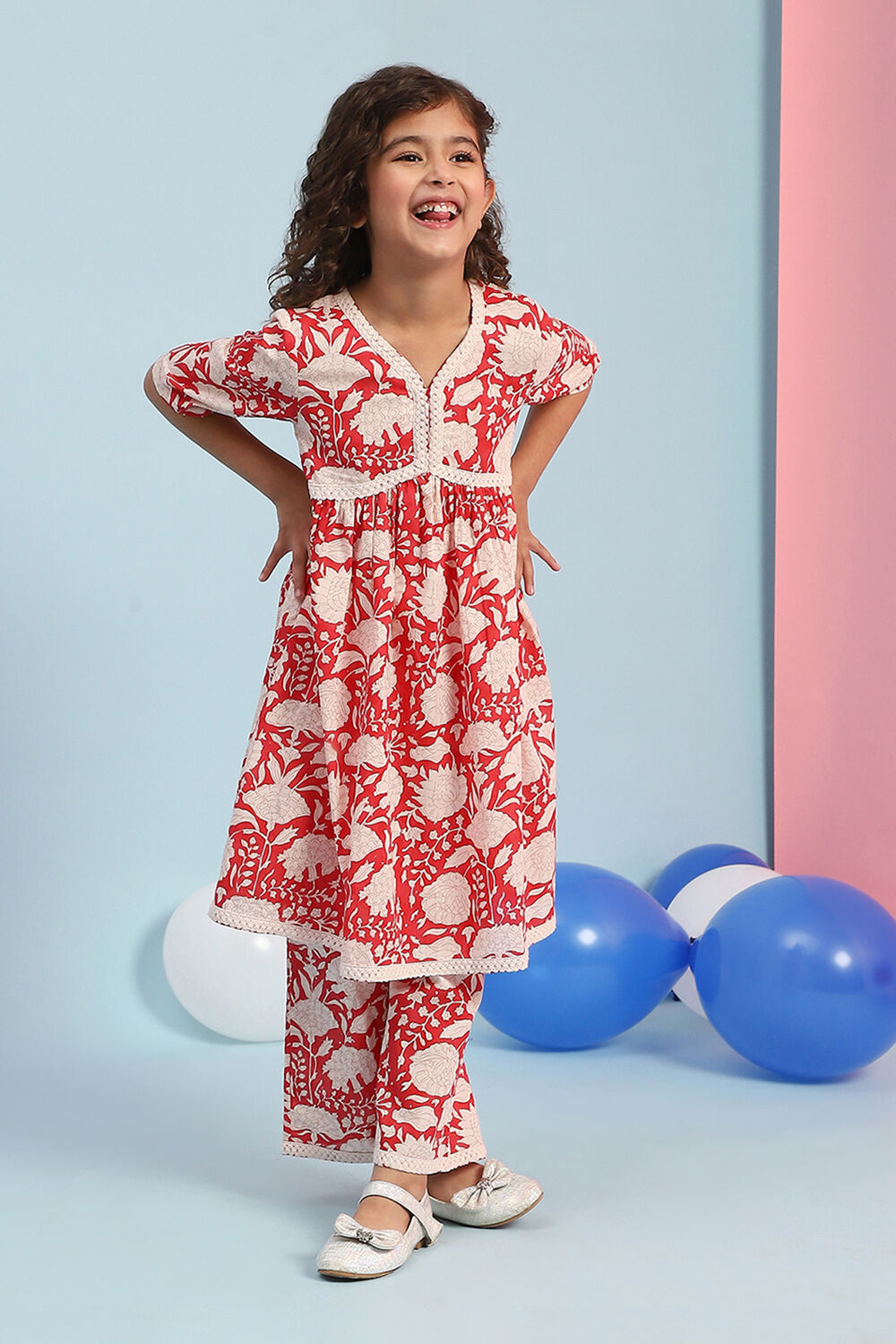 Blush Pink Cotton Printed Gathered Kurta Set image number 2