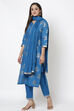 Royal Blue Cotton Straight Kurta Pant Suit Set image number 2