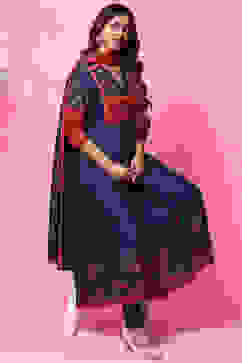 Blue Cotton Anarkali Kurta Churidar Suit Set image number 0