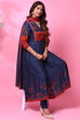 Blue Cotton Anarkali Kurta Churidar Suit Set
