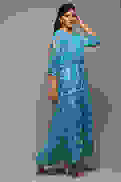 Blue Cotton Blend Tiered Printed Dress image number 3