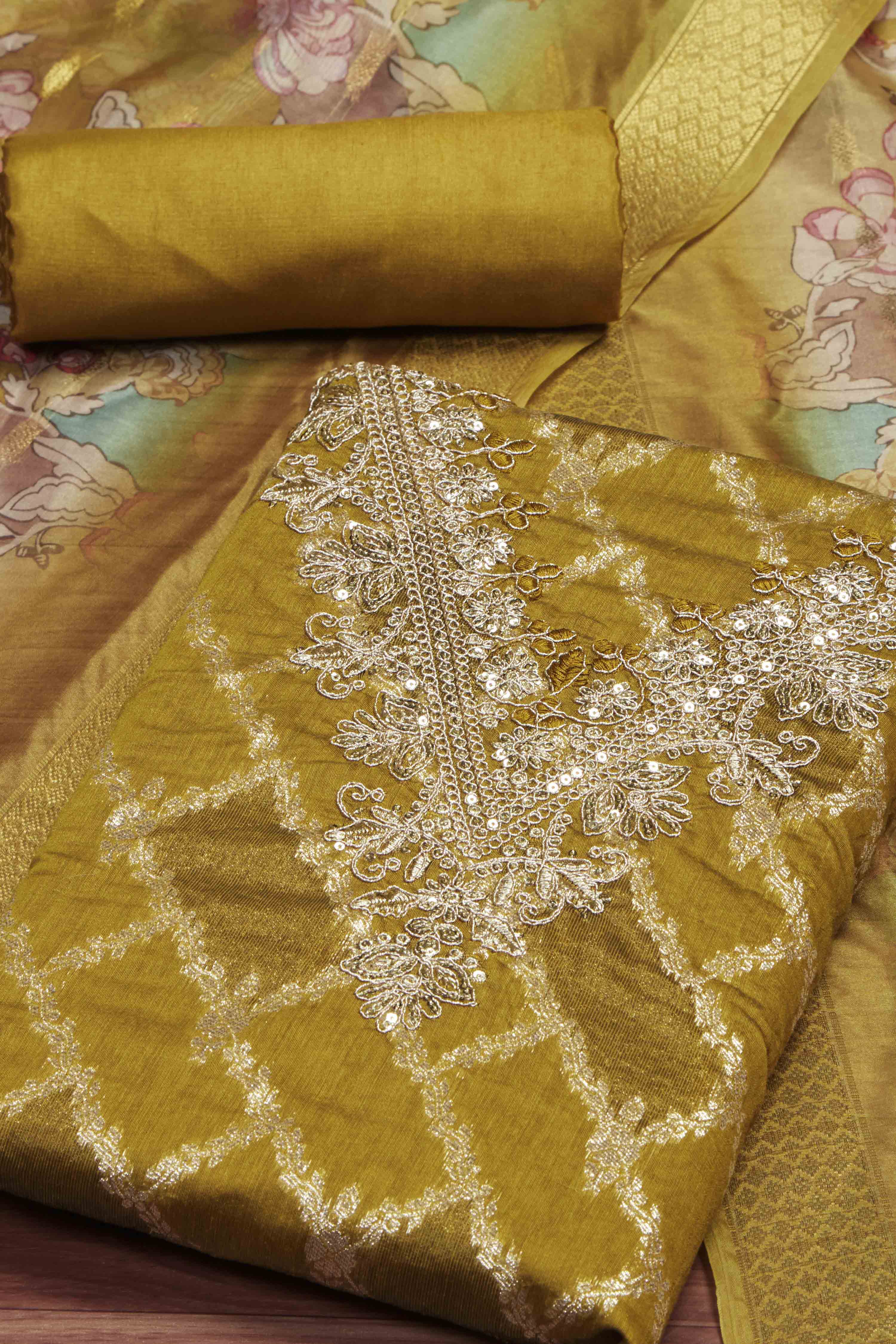 Blue Cotton Printed Embroidered Unstitched Suit Set image number 1