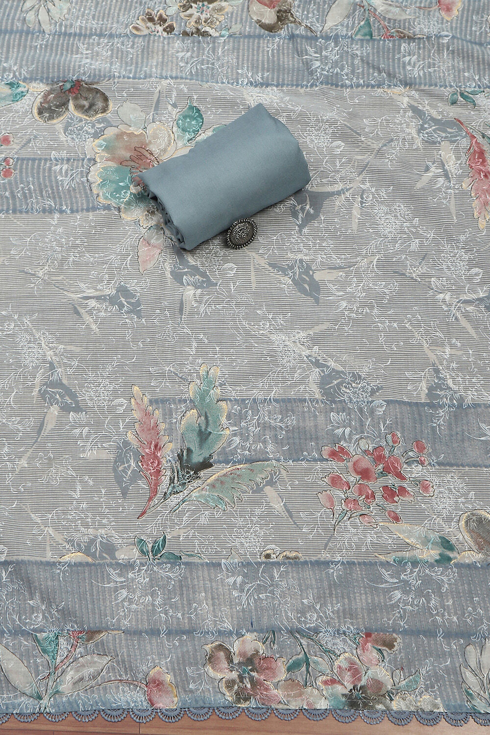 Grey Cotton Printed Unstitched Suit Set image number 3