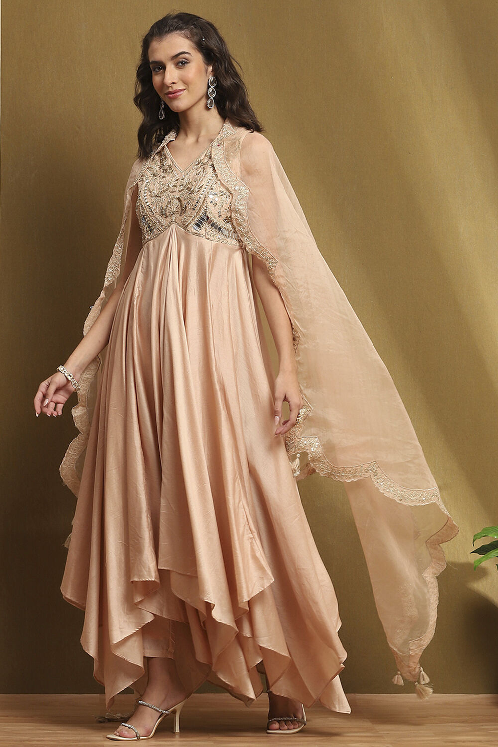 Beige Silk Chanderi Embroidered Asymmetric Suit Set image number 3