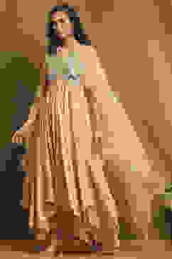 Beige Silk Chanderi Embroidered Asymmetric Suit Set image number 3