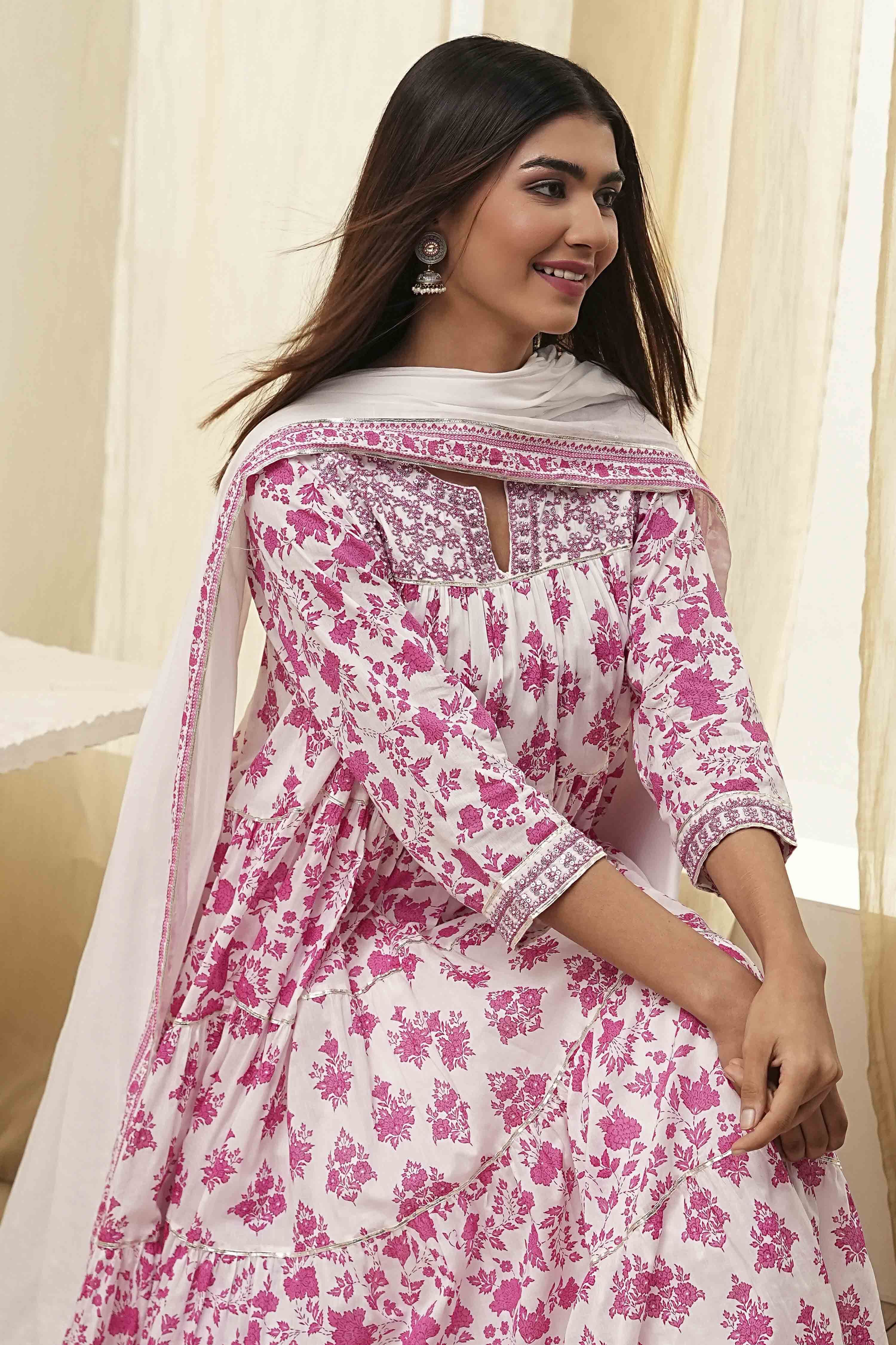 Off-White and Pink Cotton Floral Tiered Suit Set image number 7