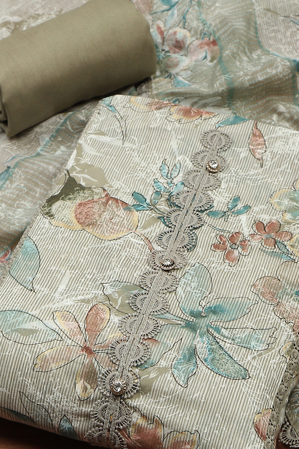 Brown Cotton Printed Unstitched Suit Set image number 1