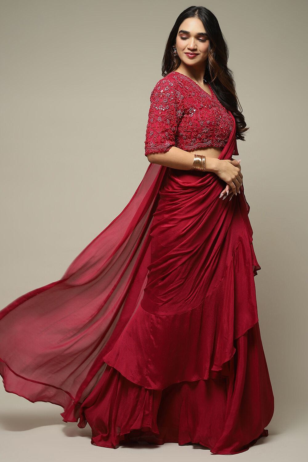 Dusty Pink Pre-Draped Nylon Saree With A Stitched Blouse image number 0