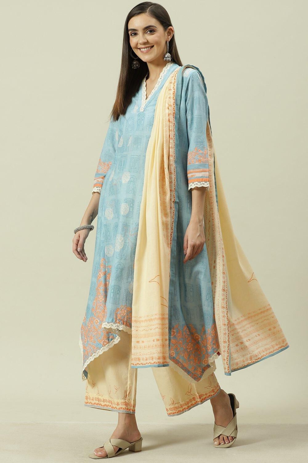 Pale Blue Cotton Kalidar Kurta Palazzo Suit Set image number 3