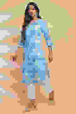 Blue Cotton Straight Kurta Pant Suit Set image number 3