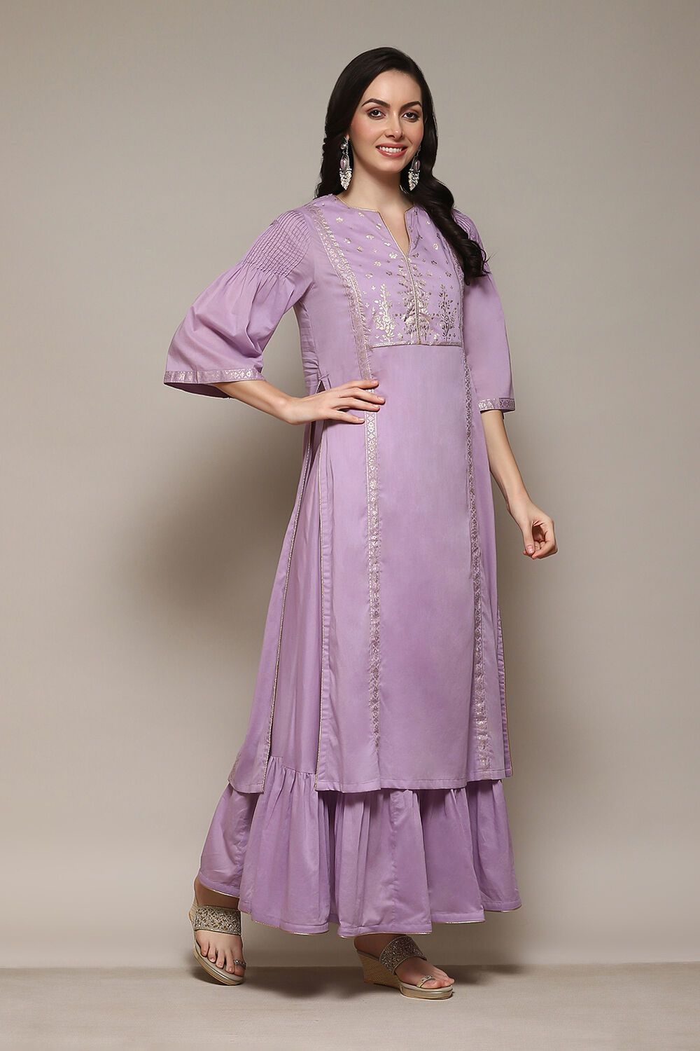 Lilac Cotton Flared Printed Kurta image number 5