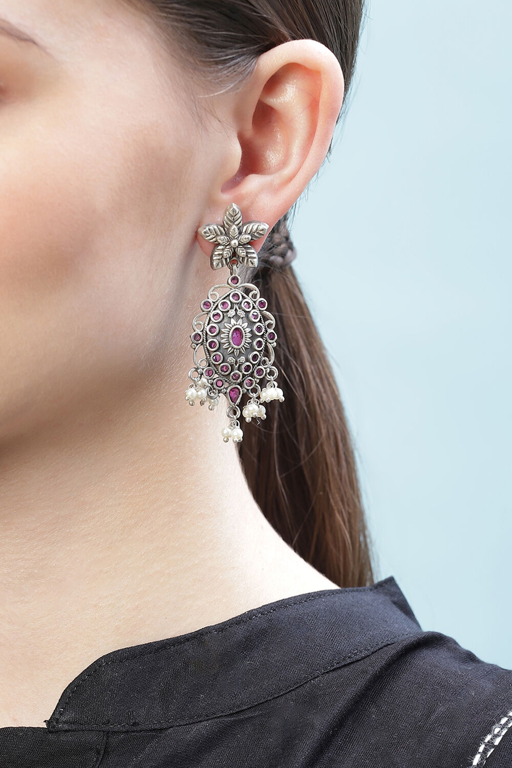 Oxidised Maroon Brass Earrings image number 1