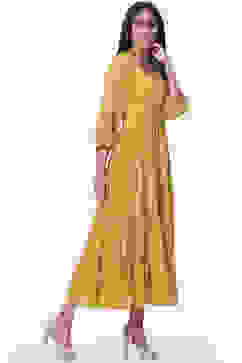 Mustard Art Silk Fusion Dress image number 3