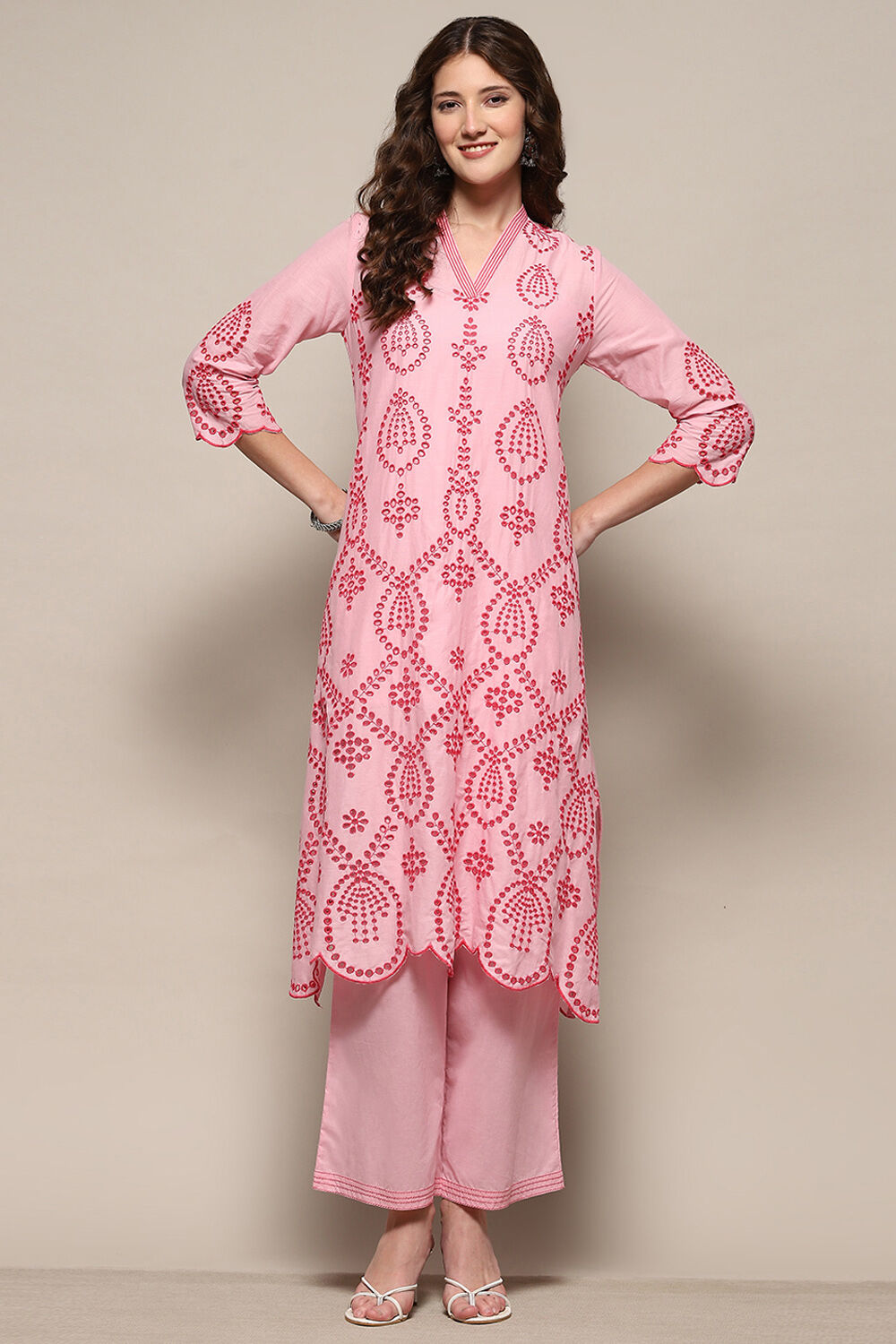 Yellow Cotton Schiffli Kurta & Palazzo Suit Set image number 0