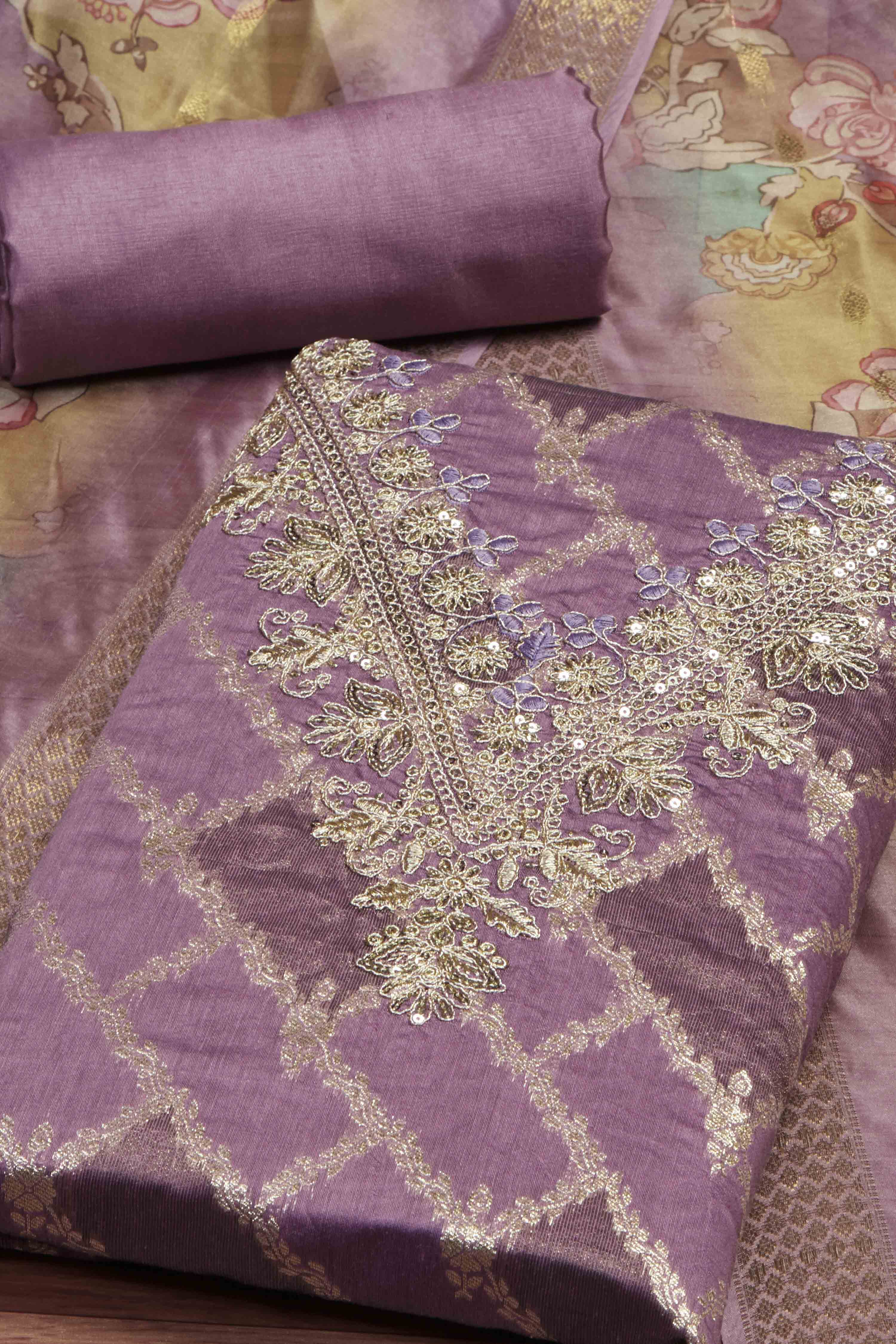 Blue Cotton Printed Embroidered Unstitched Suit Set image number 1