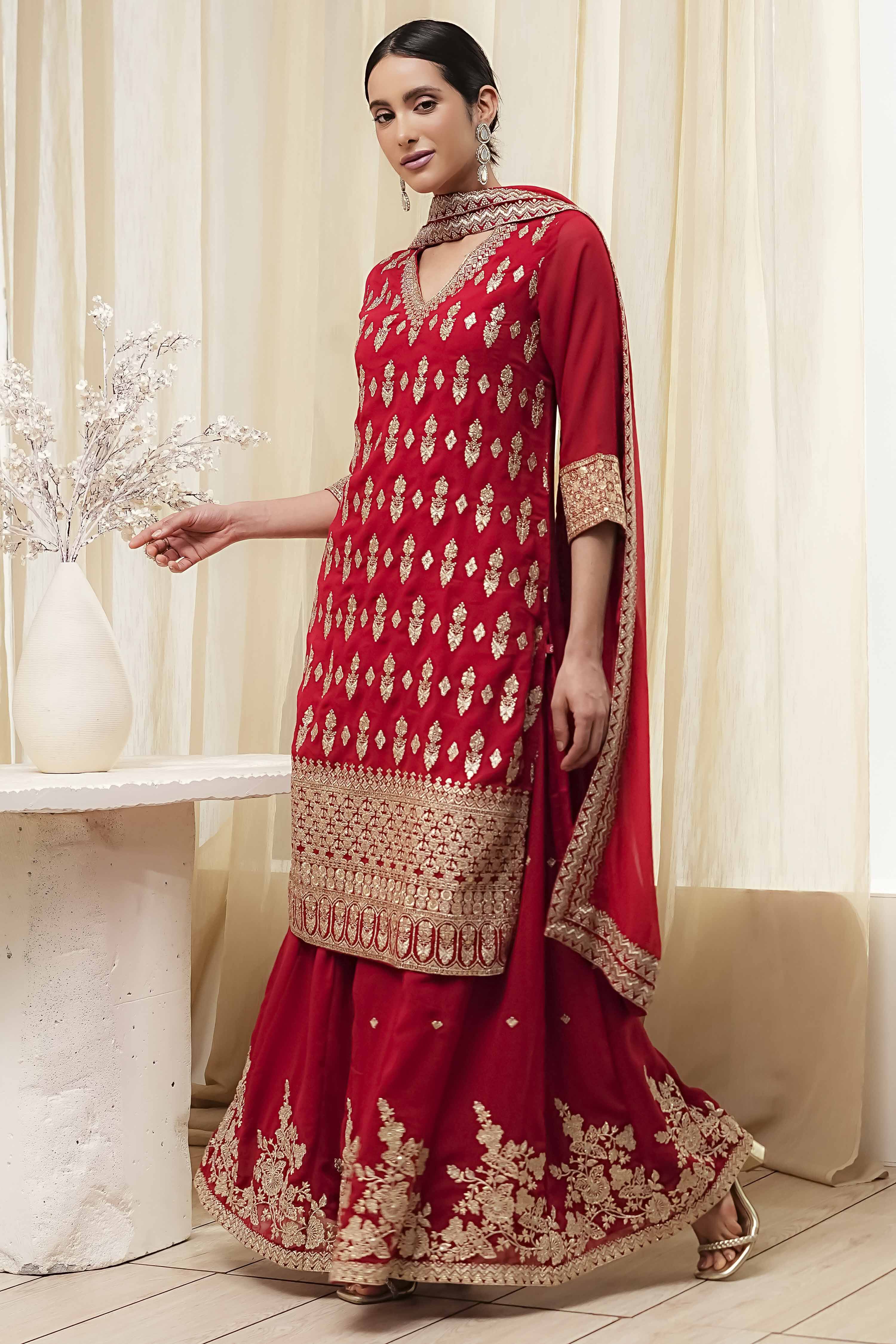 Red Embroidered Straight Suit Set image number 4
