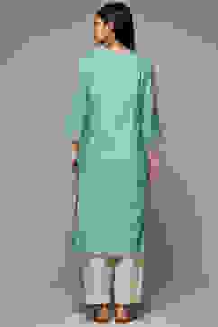 Sea Green Cotton Blend Straight Yarndyed Kurta image number 2