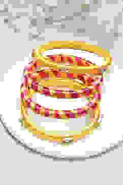 Dark Pink Mustard Yellow Plastic Thread Kids Bangles image number 0