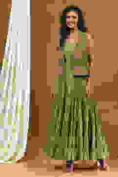 Green Georgette Festive Tiered Anarkali Dress image number 3