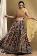 Mustard Yellow and Navy Blue Embroidered Lehenga Set image number 6
