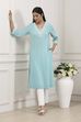 Blue Cotton Lace Trim Straight Kurta image number 0