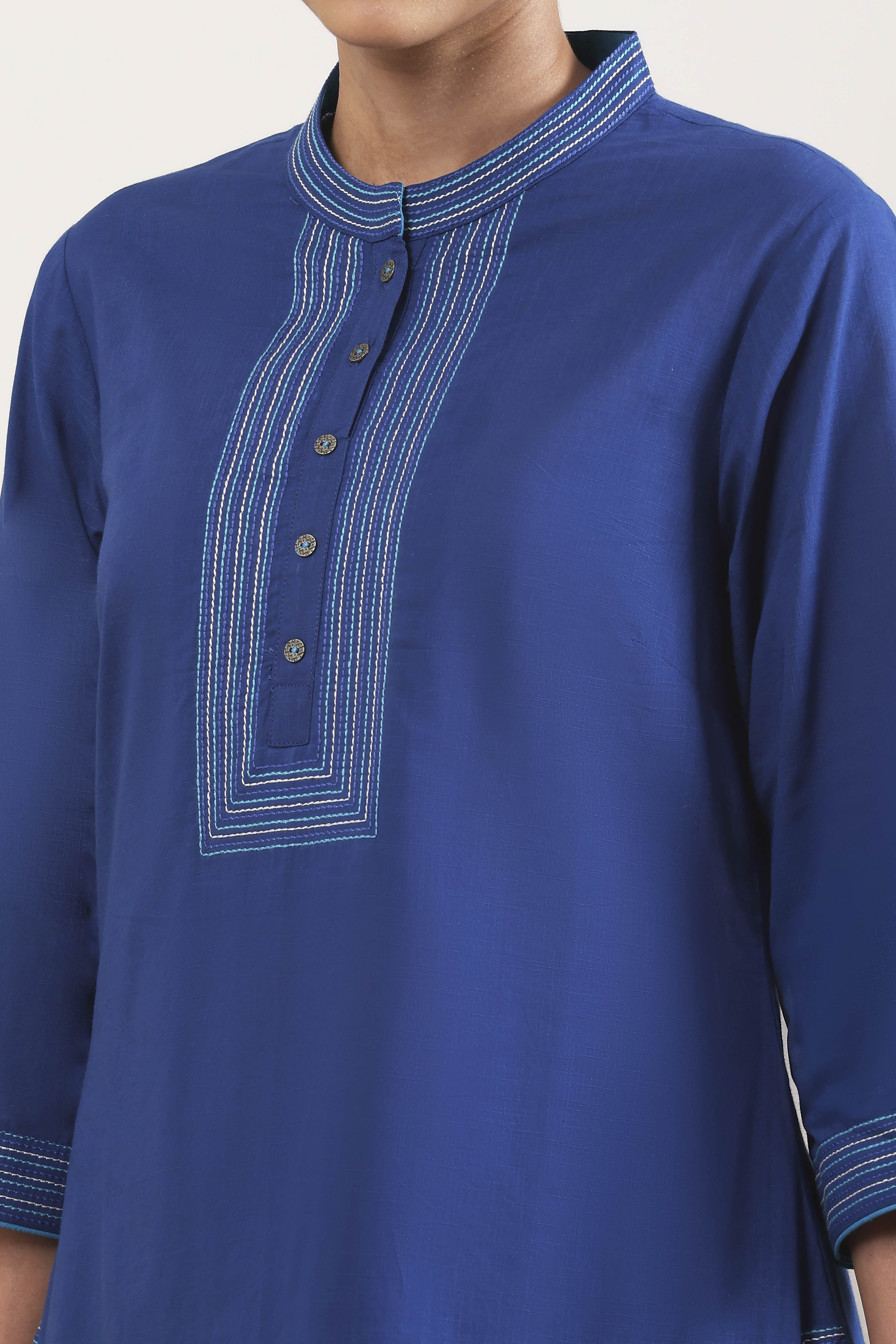 Indigo Cotton Solid Straight Suit Set image number 1