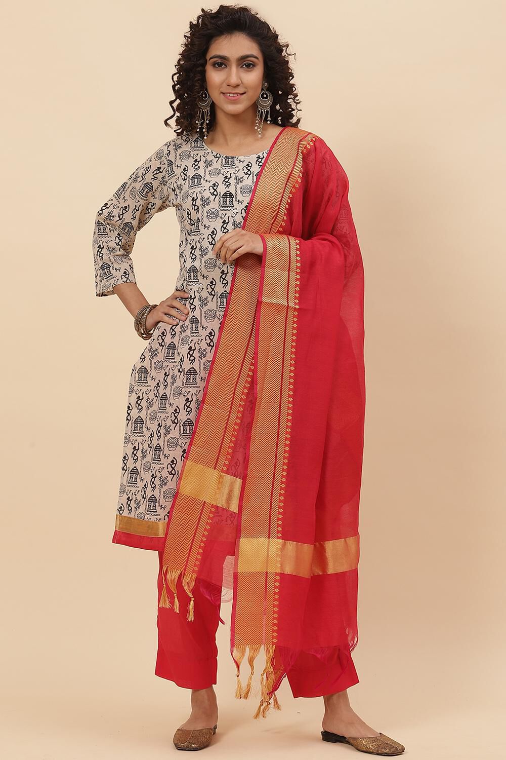 Off White Cotton Handloom Unstitched Suit Set image number 0