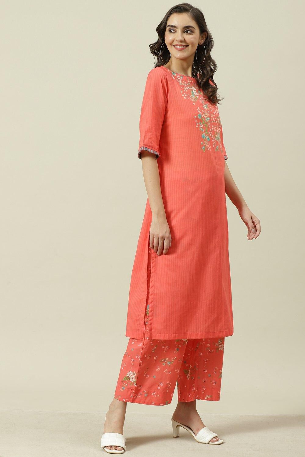 Coral Printed Cotton Straight Kurta Palazzo Suit Set image number 3