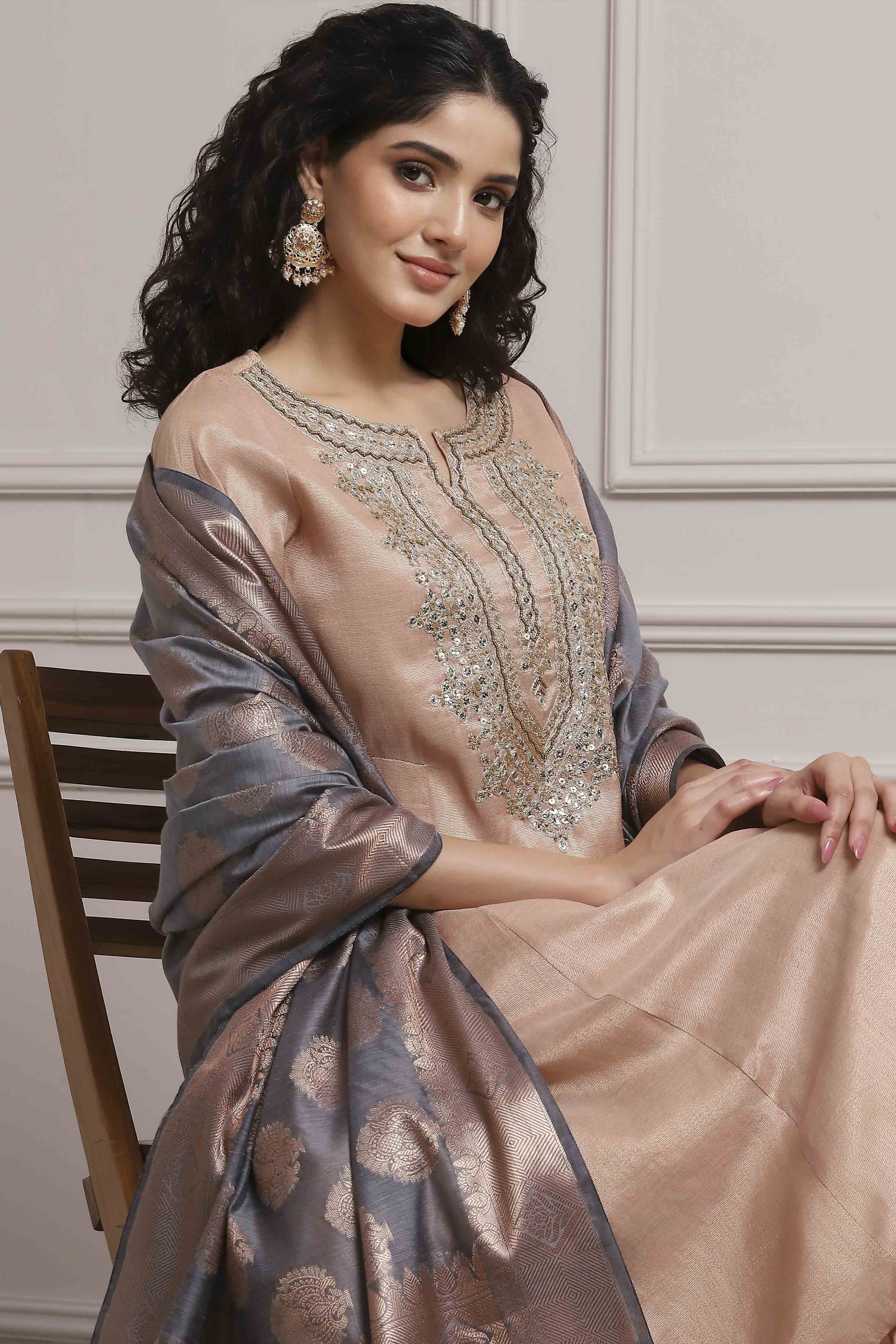 Blush Peach Cotton Tissue Embroidered Dyed Kalidar Suit Set image number 6