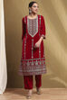 Red Velvet Embroidered Straight Kurta Set image number 6