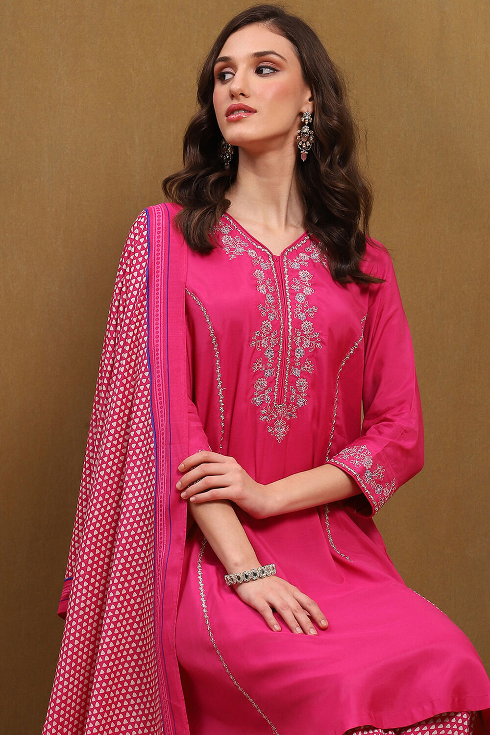 Fuchsia Modal Embroidered Festive Kalidar Suit Set image number 7