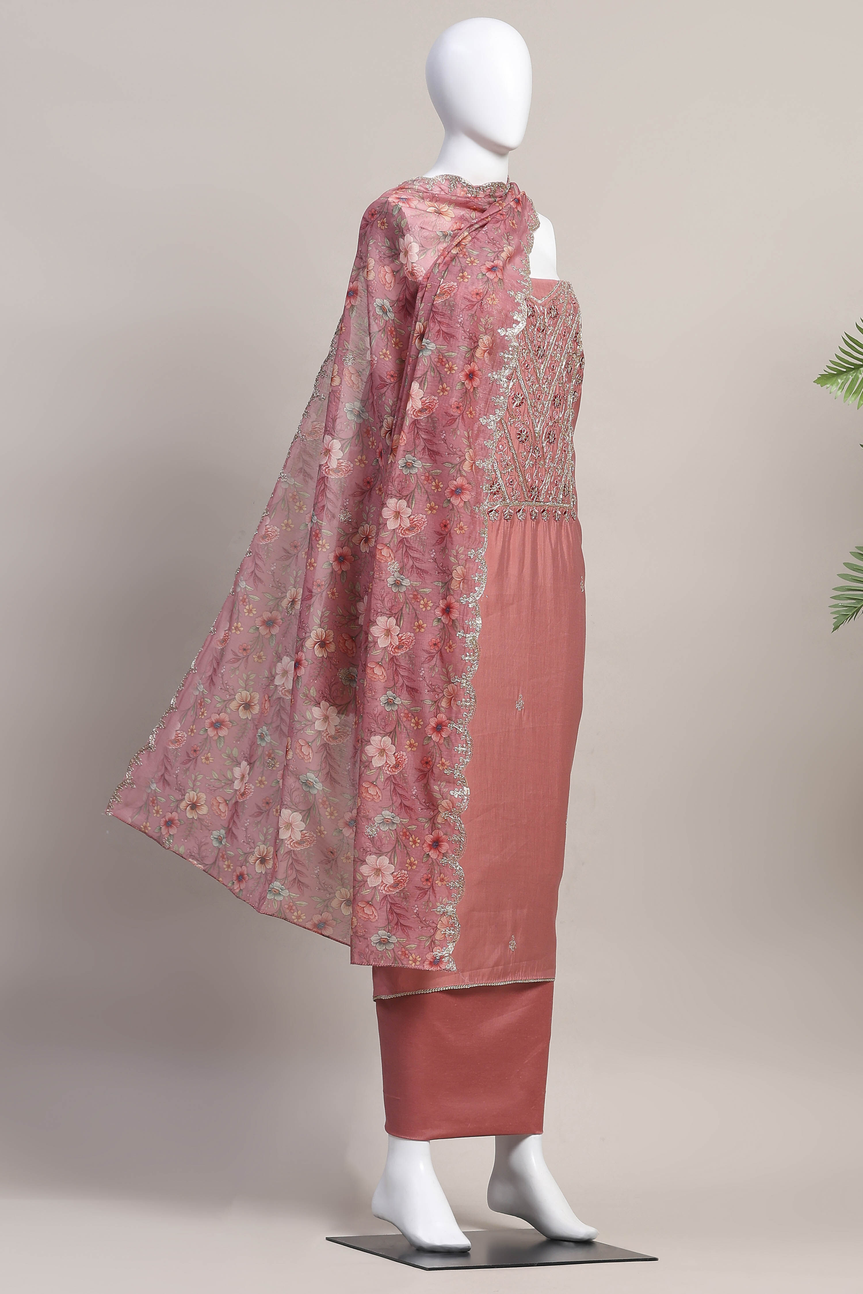 Peach Cotton Printed Embroidered Unstitched Suit Set image number 4